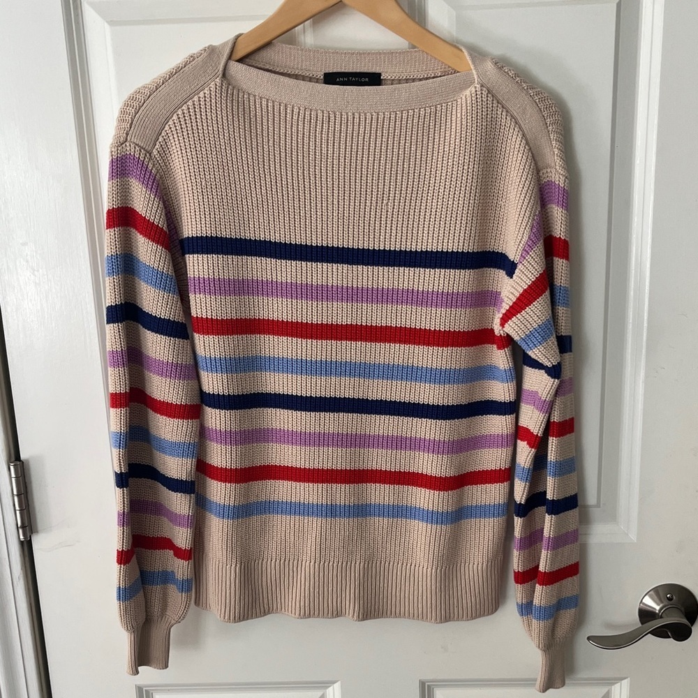 Ann Taylor Tan Striped Ribbed Sweater Sz Small